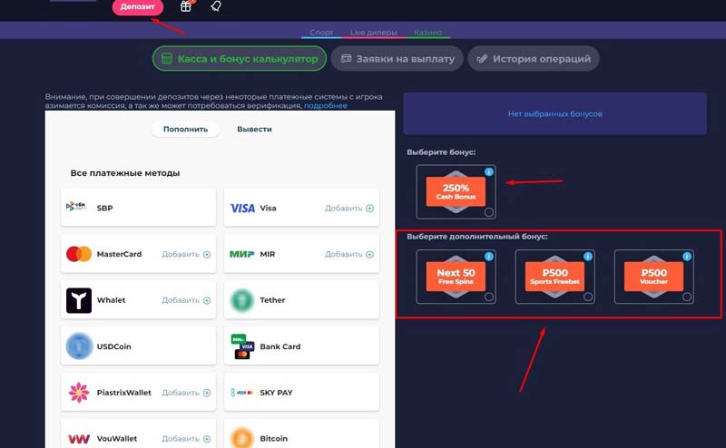 Выбор бонуса в разделе «Касса»